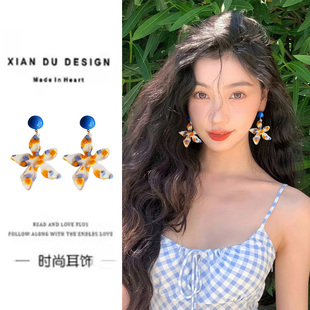 海邊度假風橘子汽水大花耳環女藍橙撞色清新個性 復古旅游拍照耳夾