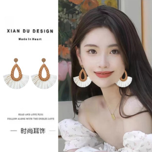 夸張扇形草編度假民族風沙灘復古海邊耳環(huán)女耳墜藝術(shù)感耳夾無耳洞