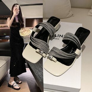仙女風(fēng)配裙子半拖粗跟高跟涼鞋 新款 女外穿2025夏季 水鉆套趾涼拖鞋