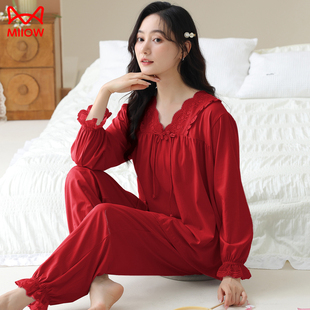 休閑家居服套裝 貓人睡衣女春秋季 本命年夏款 套裝 喜慶大紅 純棉長(zhǎng)袖