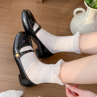 瑪麗珍白色花邊堆堆襪子女中筒溫柔芭蕾風夏季 堆堆襪 灰色純棉薄款