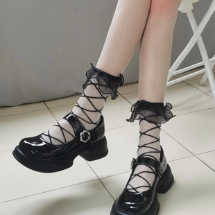 花邊玻璃絲襪蕾絲襪子女薄款 春夏中筒交叉條紋短襪可愛JK黑色襪子