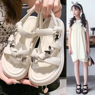 外穿兒童羅馬涼鞋 2025爆款 蝴蝶軟底女孩中大童沙 夏款 真皮女童涼鞋