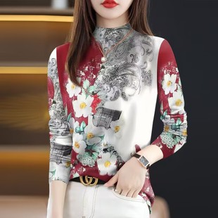 清倉外貿媽媽中老年加絨加厚長袖 印花遮肚T恤女上衣 半高領打底衫