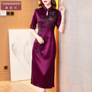 香妮芬高端醋酸繡花闊太太貴婦人婚宴禮服2025新款 春夏媽媽連衣裙
