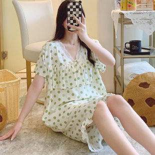 套頭七分褲 棉綢睡衣女夏季 短褲 綿綢短袖 甜美圓點風家居服網紅 薄款