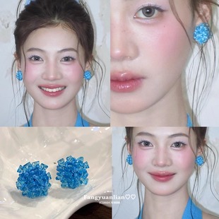 顯白 清涼感藍色串珠耳釘女氣質小眾耳環藝術生耳夾春夏度假耳飾