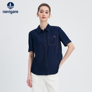 純棉 女短袖 Navigare意大利小帆船夏季 牛仔襯衫 寬松襯衣外套 新款