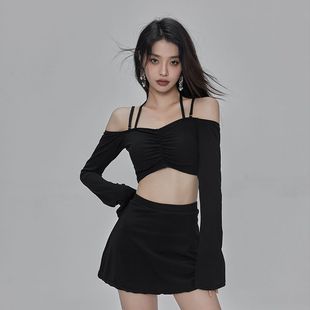 炸街辣妹分體裙式 游泳衣女顯瘦遮肚小胸一字肩鎖骨ins泡溫泉 長袖