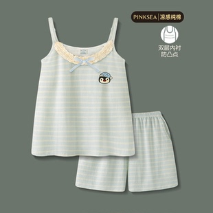 小性感套裝 全棉睡衣女夏款 薄款 家居服夏天夏季 純棉吊帶背心短褲