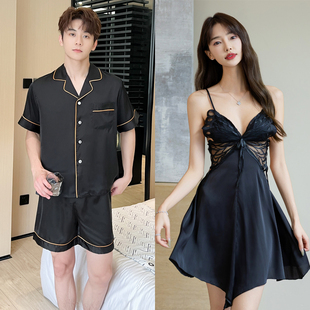 情侶睡衣女夏冰絲短袖 男黑色冰絲家居服高級感蝴蝶睡裙帶胸墊 套裝