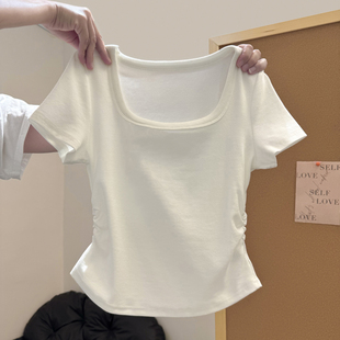 方領正肩半袖 chic甜辣褶皺收腰短袖 小個子短款 修身 上衣 T恤女夏季