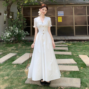 2025春夏赫本風白色蕾絲收腰連衣裙仙女長裙顯瘦大擺裙高級感高腰