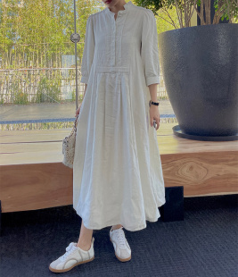 亞麻連衣裙優雅氣質純色長袖 中式 長裙女 迷戀這份安靜 NW80EN