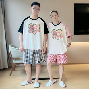 女可外穿格子家居服套裝 情侶睡衣短袖 夏薄款 純棉可愛卡通男士 短褲