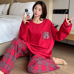 純棉兩件套紅色本命年家居服200斤秋 女胖mm秋季 2025新款 睡衣大碼