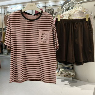 條紋休閑外穿針織純棉家居服套裝 正品 短褲 短袖 安之伴睡衣女夏薄款