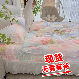 100%純棉床蓋四件套荷葉花邊夾棉床裙三件套田園簡(jiǎn)約 直播同款