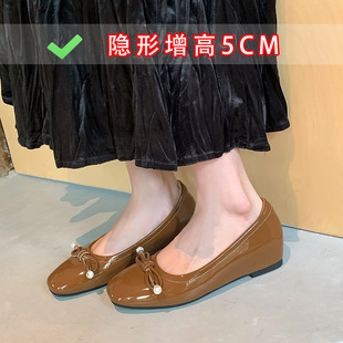 軟底圓頭內(nèi)增高單鞋 夏蝴蝶結(jié)真皮淺口配裙溫柔豆豆鞋 不累腳淑女鞋
