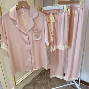 睡衣女夏季 三件套燙鉆絲綢家居服套裝 網(wǎng)紅冰絲短袖 帶長褲 短褲 薄款