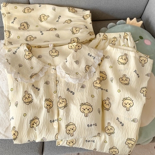 日系吉伊卡哇大碼 睡衣女春夏花邊云朵純棉紗娃娃領可愛小八三件套