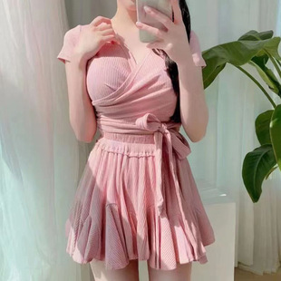 裙式 純色保守遮肚顯瘦大胸法式 泡溫泉游泳衣女 新款 分體泳衣女款