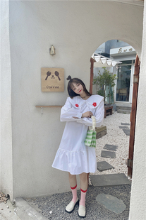 荷葉邊連衣裙 寬松顯瘦長袖 秋季 可愛甜美花朵娃娃領少女裙子女韓版