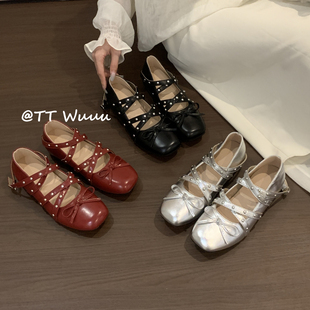 女 內增高蝴蝶結淺口方頭芭蕾舞鞋 TTWuuu小眾設計款 鉚釘瑪麗珍鞋