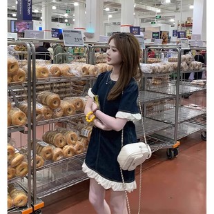 設計感拼接花邊短裙 連衣裙女裝 夏日絕美小裙子時尚 小個子牛仔短袖