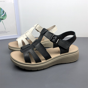 女鞋 松糕底輕便真皮媽媽涼鞋 女外穿夏季 品牌處理頭層牛皮休閑涼鞋