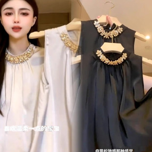 重工鑲鉆無袖 小衫 掛脖襯衫 高級感氣質雪紡上衣2025新款 女夏季 法式