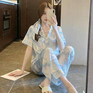 夏季 兩件套家居服套裝 奶泡碎冰藍開衫 長褲 短袖 真絲睡衣女2025新款