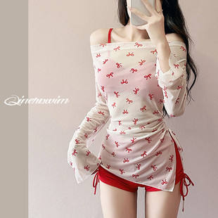 比基尼分體綁帶聚攏 掛脖罩衫 2025新款 泳衣女性感純欲辣妹氣質長袖