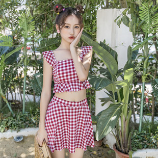 分體游泳衣女兩件套裙式 溫泉顯瘦小清新泳衣批發(fā) 平角長袖