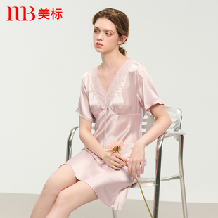 美標真絲短袖 睡裙女春夏100%桑蠶絲花邊V領重磅絲綢家居服睡衣