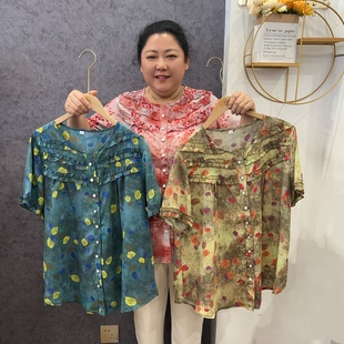 襯衫 洋氣減齡顯瘦遮肚短袖 女寬松百搭上衣 夏時尚 印花雪紡花邊小衫