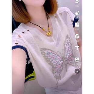 顯瘦蝴蝶高級感 V領氣質冰絲針織女短袖 奧特萊斯專柜正品 清倉夏季