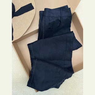 垂感休閑褲 奧特萊斯專柜正品 新款 女夏季 清倉藏藍色天絲亞麻闊腿褲