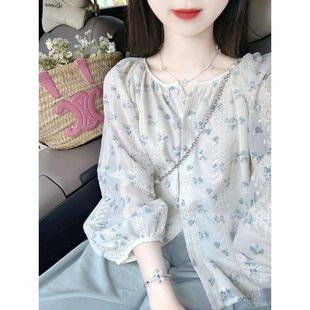 女春夏季 雪紡襯衫 設(shè)計感小眾寬松顯瘦蕾絲刺繡上衣 碎花泡泡袖 法式