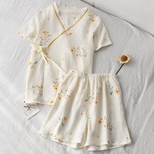 短褲 短袖 蕾絲花邊汗蒸家居服 和服睡衣女水洗純棉紗布春秋夏季 日式