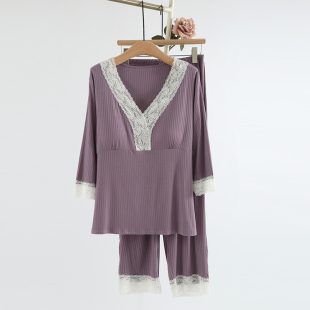 蕾絲花邊帶胸墊免穿BRA睡衣女士春夏季 莫代爾順滑彈力家居服套裝