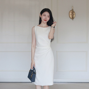 收腰小眾中長小個子通勤優雅無袖 白色氣質修身 連衣裙女 新款 夏季
