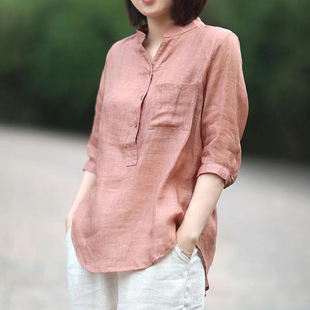 短袖 清倉撿漏 棉麻媽媽夏裝 女復古休閑高端女裝 上衣 外貿苧麻襯衫