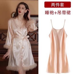 法式 酒紅色結(jié)婚睡衣晨拍禮服睡裙 羽毛新娘晨袍女高級(jí)性感睡袍長(zhǎng)款
