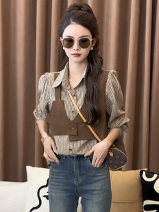 小眾馬甲條紋假兩件襯衫 長袖 女秋季 減齡氣質漂亮小衫 襯衣 時尚 法式