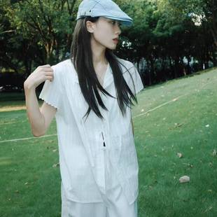 襯衫 寬松百搭薄款 女2025夏季 花邊袖 襯衣上衣 新款 復(fù)古日系綁帶短袖