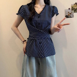 女蝴蝶結系帶泡泡袖 2025夏季 襯衫 蕾絲花邊短袖 襯衣收腰上衣潮 新款