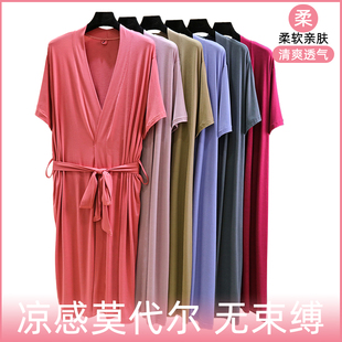 長款 莫代爾女士短袖 純色大碼 薄款 睡衣休閑寬松浴衣晨袍 睡袍夏季