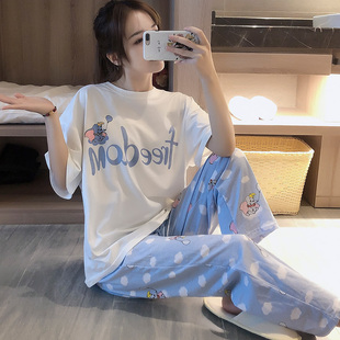 韓月子服家居服套裝 可外穿大碼 長褲 100%全棉睡衣女夏純棉休閑短袖