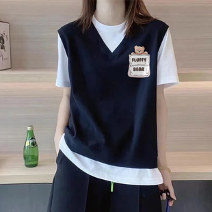 外貿清倉出口撿漏100%純棉夏季 T恤氣質拼接上衣女 寬松假兩件短袖
